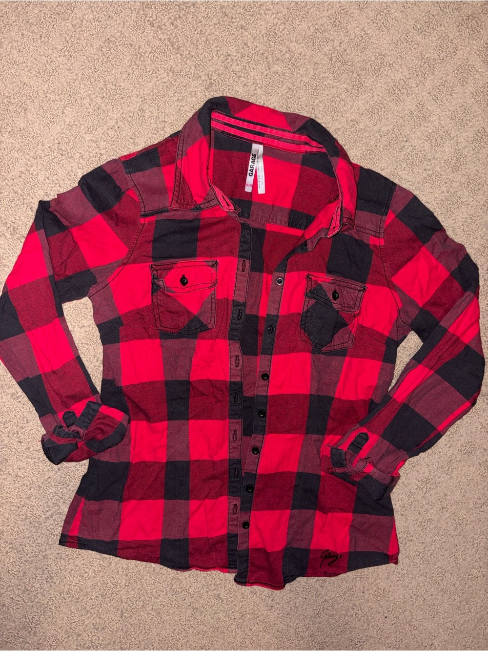 Garage Red and Black Plaid Button-Down Shirt. Tag Size M